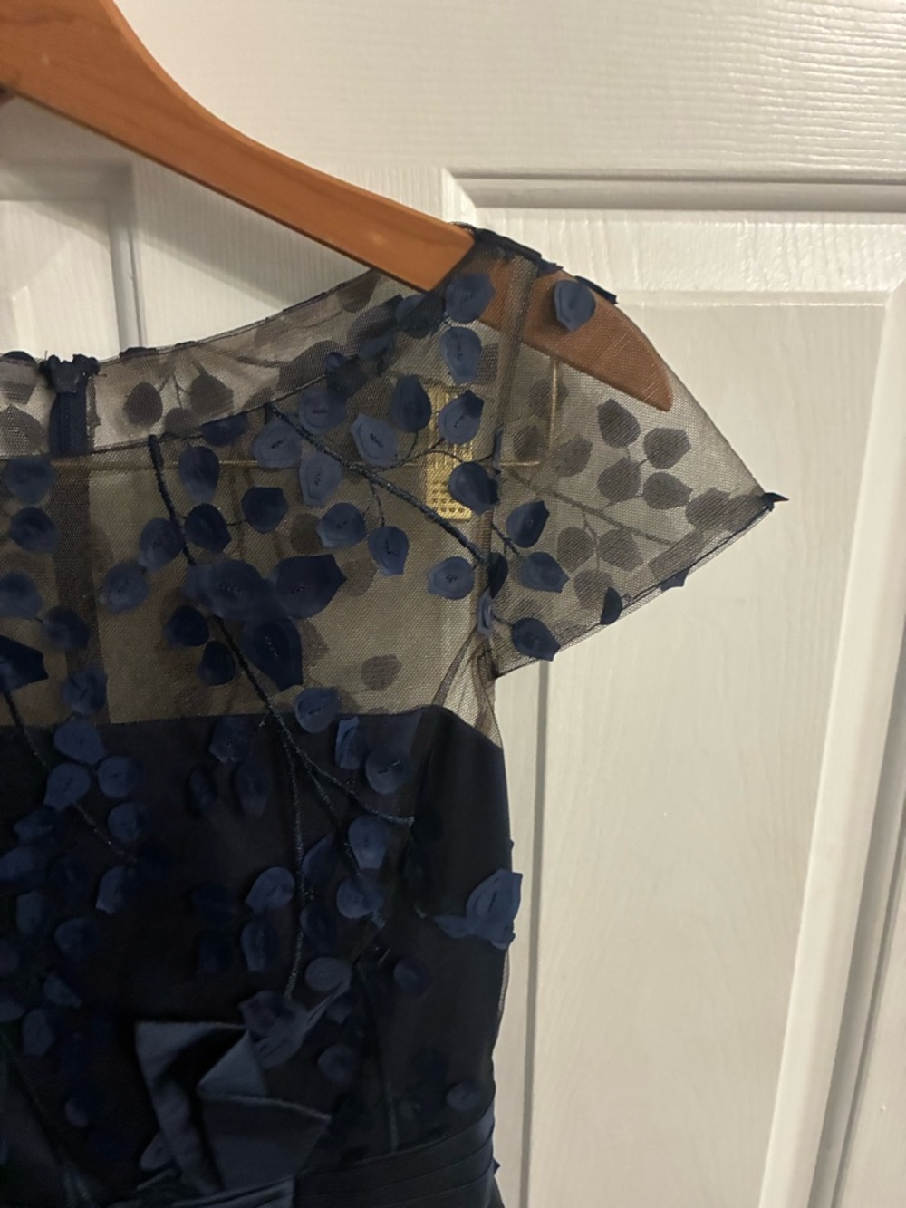 Carmen Marc Valvo Navy Midi Dress with Sheer Yoke and Petal Details - Picture 5 of 9